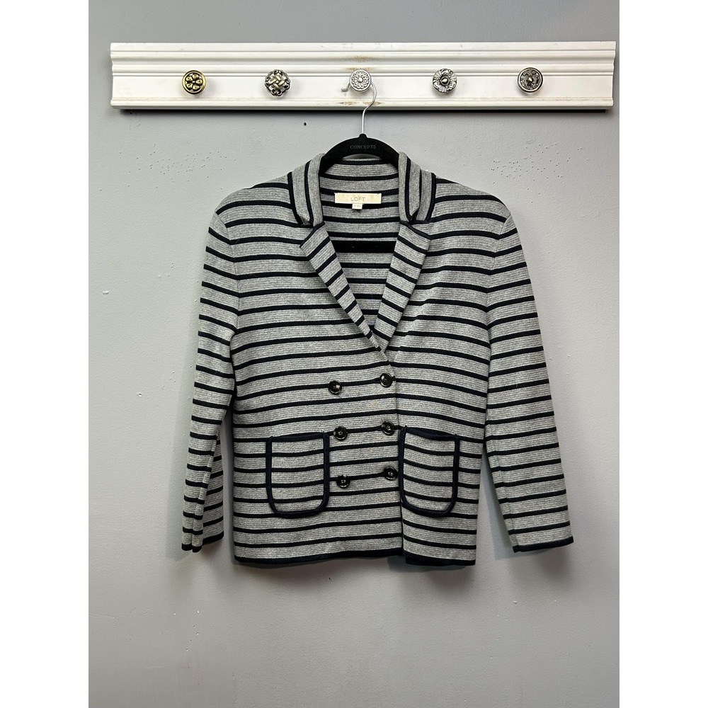 Ann Taylor LOFT Sweater Cardigan Womens Small Gray Striped Nautical Blazer